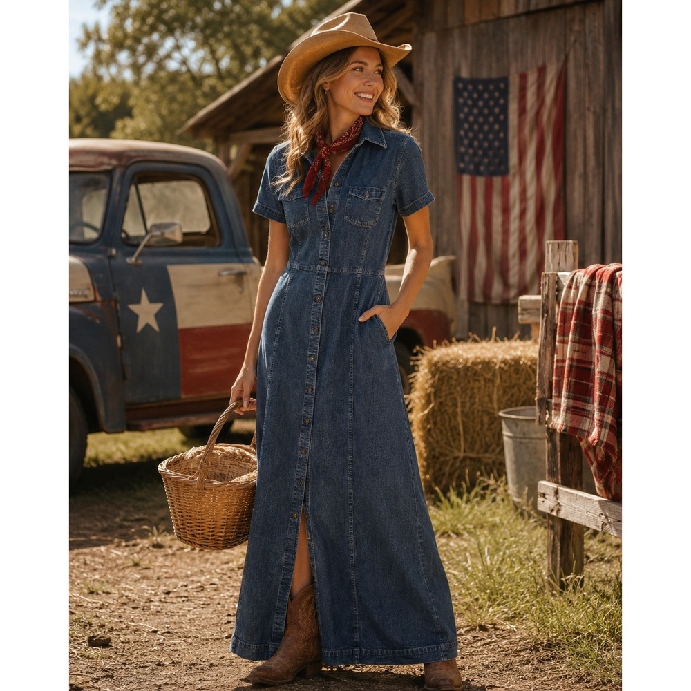 VTG Eddie Bauer Denim Maxi Dress Women Tall M Blue Button Front 90's Y2K Pockets
